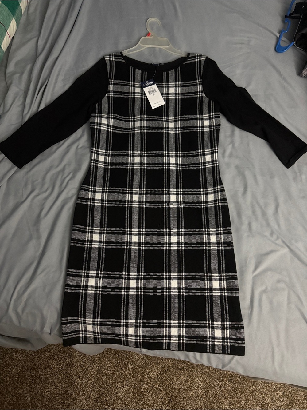 Chaps Black and White Plaid Long Sleeve Sheath Dress